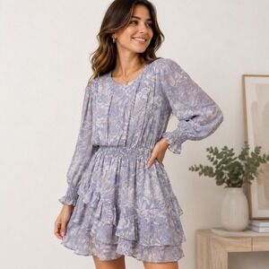 Storia Blue Grey Abstract Floral Ruffle Romantic Mini Dress Smocked Waist Large